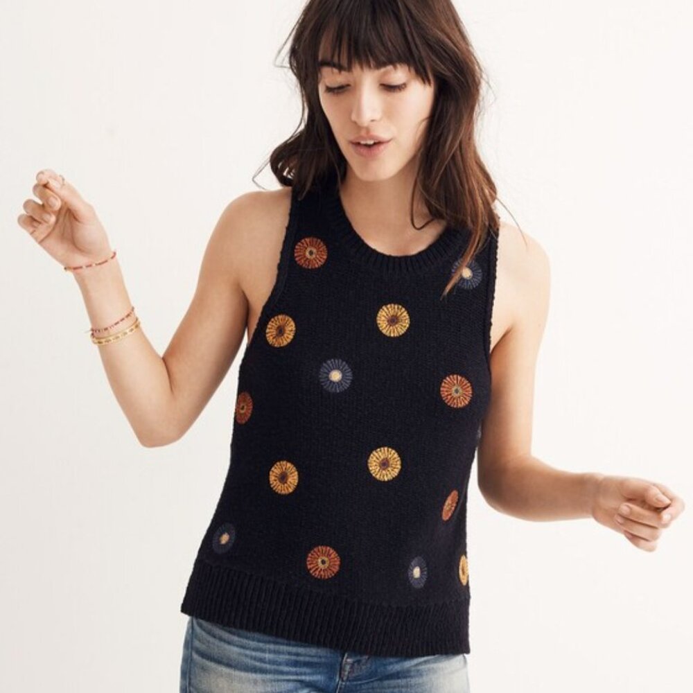 Madewell Embroidered Flower Sweater Tank in Night Vision